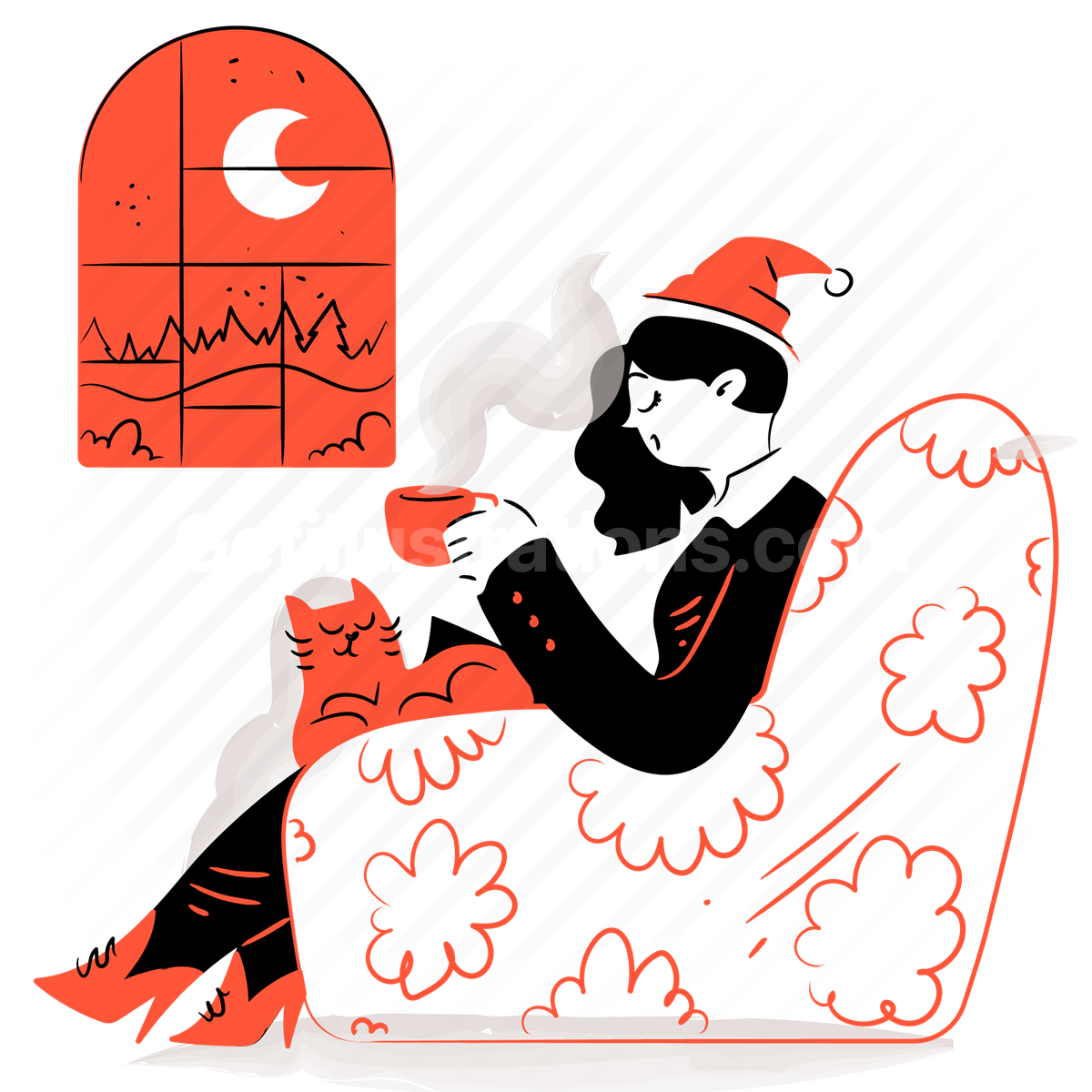 woman, cat, winter, christmas, leisure, drink, beverage, armchair, window